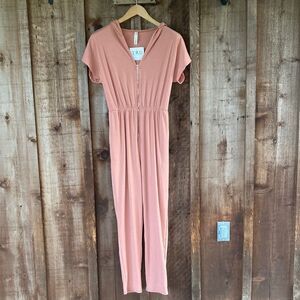 Vanilla Bay Peach Bentley Best Laid Plans Zip-Front Hooded Ribbed Jumpsuit